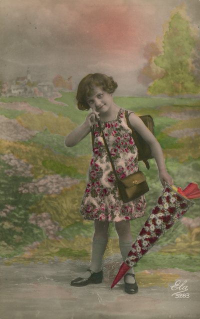 Girl in floral dress, carrying cone decorated with flowers by French Photographer